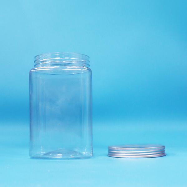 Pot à nouilles et bonbons carré transparent en plastique PET sans BPA et bouchon à vis en aluminium