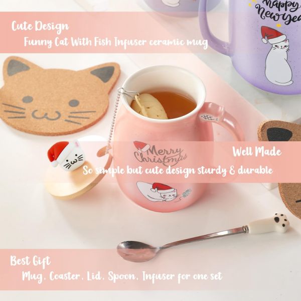 Cute Style 380ml Portable Ceramic Coffee Cup with 3D Little Cat Design and Bamboo Lid