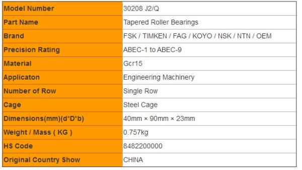High Speed 30208 J2/Q Single Row Tapered Roller Bearings Size Chart