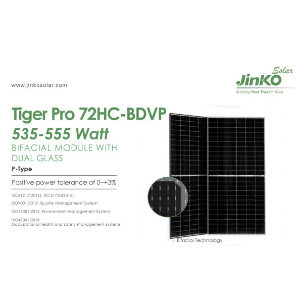 IP68 P Type Jinko Tiger Pro Module bifacial à double verre 535W 545W 555 Watt