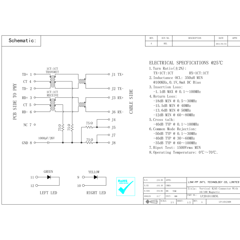 1840419-2 180° RJ45 Jack With Step LPJD1011BENL Wireless Sensor Network