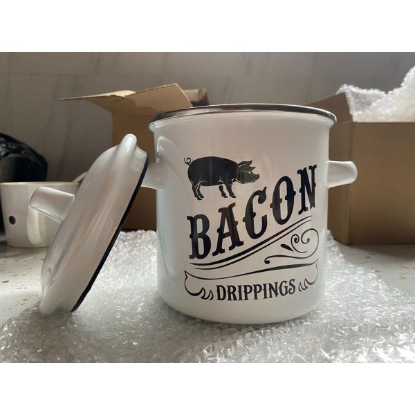 900ml Handmade Enamel Grease Container With Stainless Steel Strainer And Handle