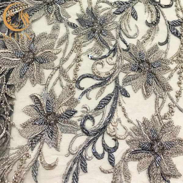 Heavy Handmade Embroidery Grey Beaded Lace Fabric On Polyester Mesh