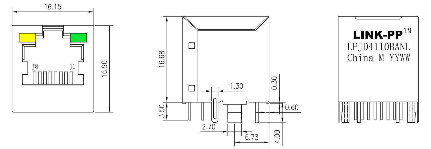 Желтый цвет соединителя RJ45 основания-T RJ4530H-R01 100 вертикальный/зеленая схема данных СИД LPJD4110BANL