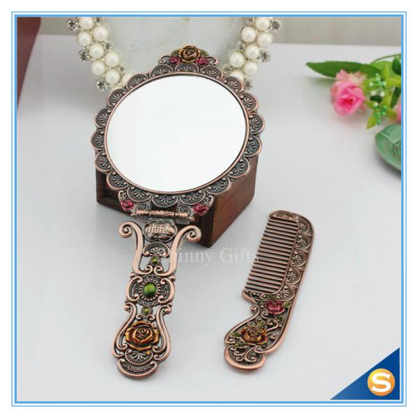 Circular Rose Design Classic Retro Makeup Mirrors One Side Ladies Handle Metal Cosmetic Mirrors