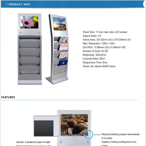 standalone USB floor standing lcd wifi advertising display with brochure