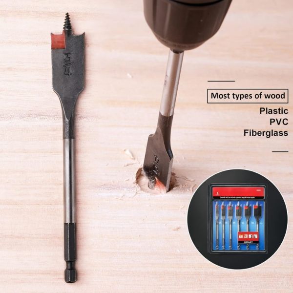 6pcs Wood Drill Bit High Speed Flat Long Drill Bits For Wood 3/8in - 1in