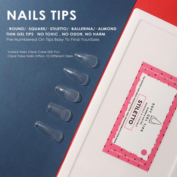 Almond Clear Nail Extension Tips 500pcs White Box Soft Gel Tips Customized Label for Press on Nail at within Finger