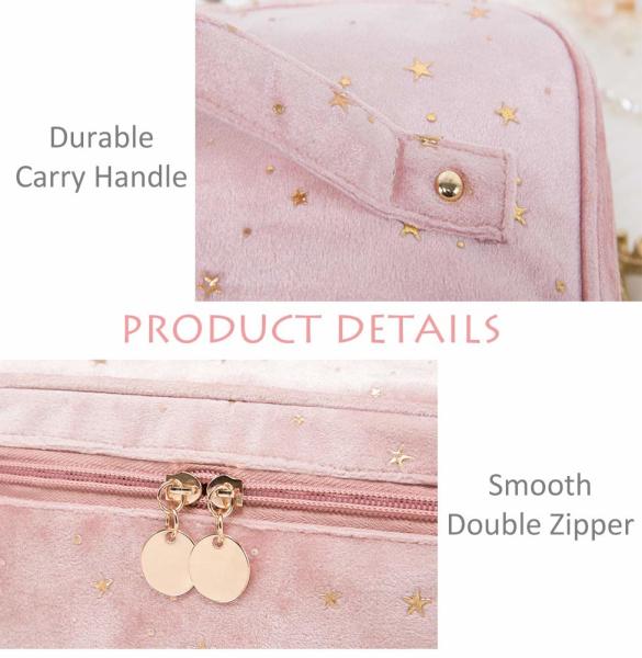 Bolsa de maquiagem de veludo com alça Bolsa de maquiagem com suporte para pincel de maquiagem Bolsa de maquiagem para viagem rosa