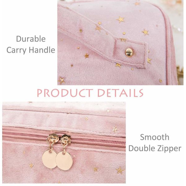 Velvet Makeup Bag with Handle Makeup Bag with Makeup Brush Holder Travel Makeup Bag Pink