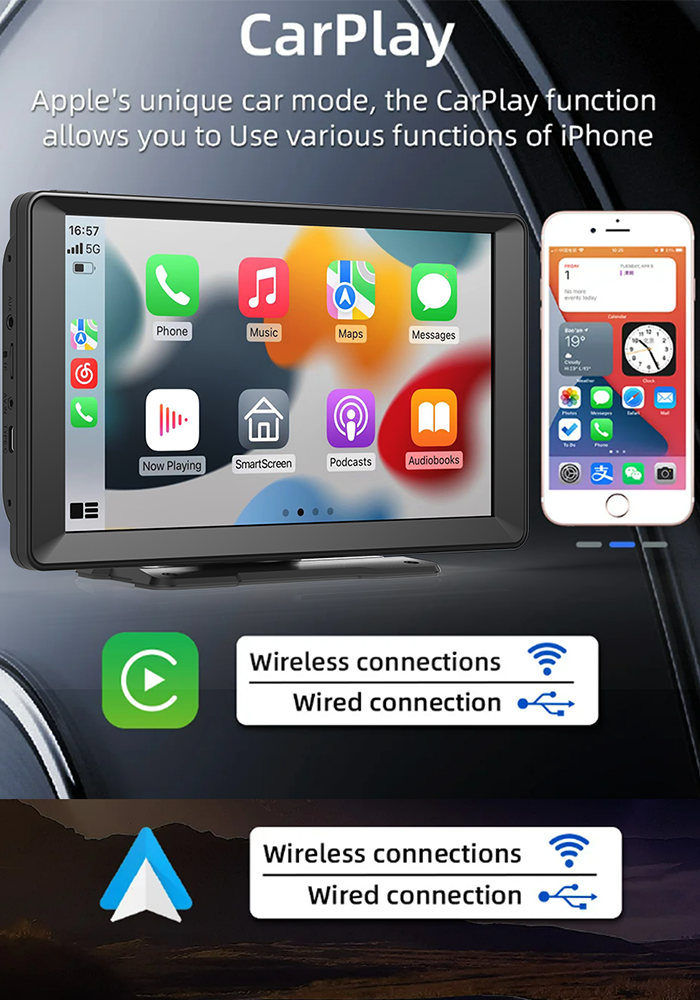9 Inch IPS Touch Screen Portable Car Stereo Player 1080P With Wireless Apple CarPlay