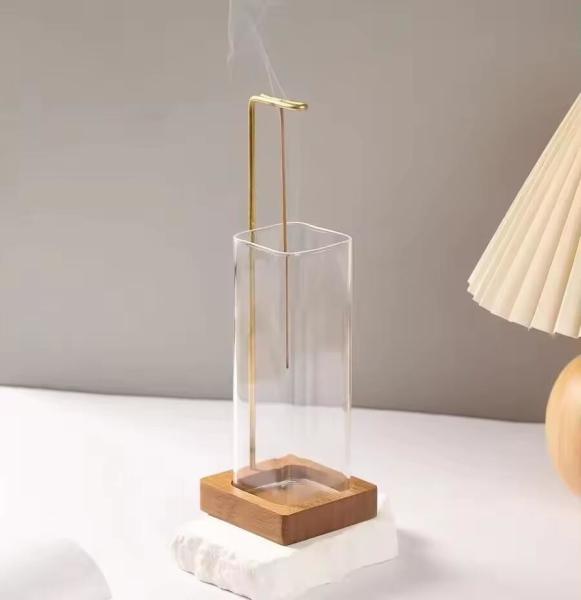 Porteur d'encens en bois pour les bâtons avec capteur de cendres en verre, brûleur d'encens pour la méditation