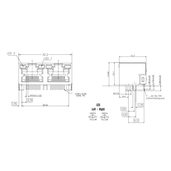 Спуск платы соединителей порта RJ45 Magjack E5J88-41AHS4-LT CAT5e 1X2 с GREEN/YELLOW привел