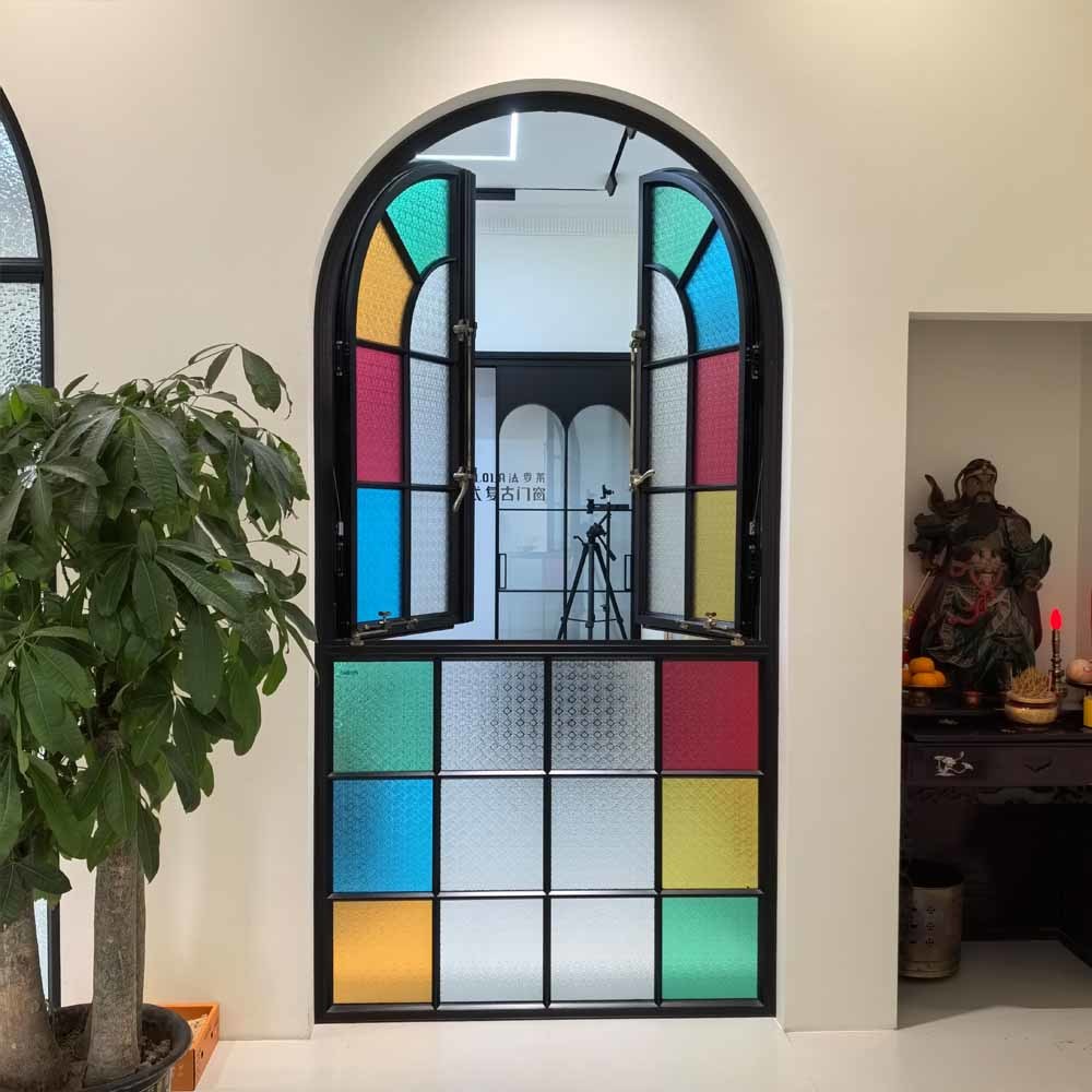 Aluminum Frame Architectural Casement Window With Bold Geometric Stained Glass