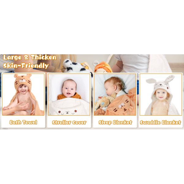 Toallas de baño para bebés con capucha de 2 paquetes - Conejo blanco y tigre naranja - 50x32 pulgadas