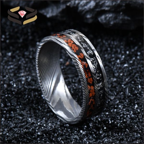Round Flat Men Damascus Steel Wedding Bands 8mm With Meteorite And Dinosaur Bone Inlay