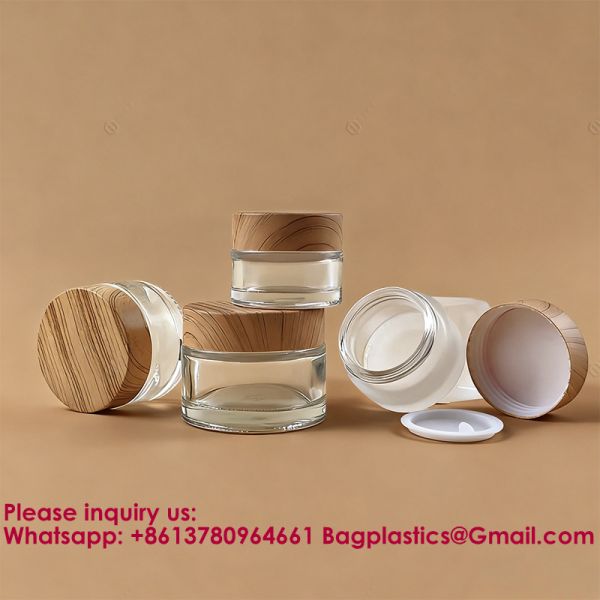 Glass Jars With Lids Clear Small Jars With Plastic Woodgrain Lids, White Labels And Inner Liners Empty Round Cosmetic Containers For Creams Lotions Candle Making (Clear)