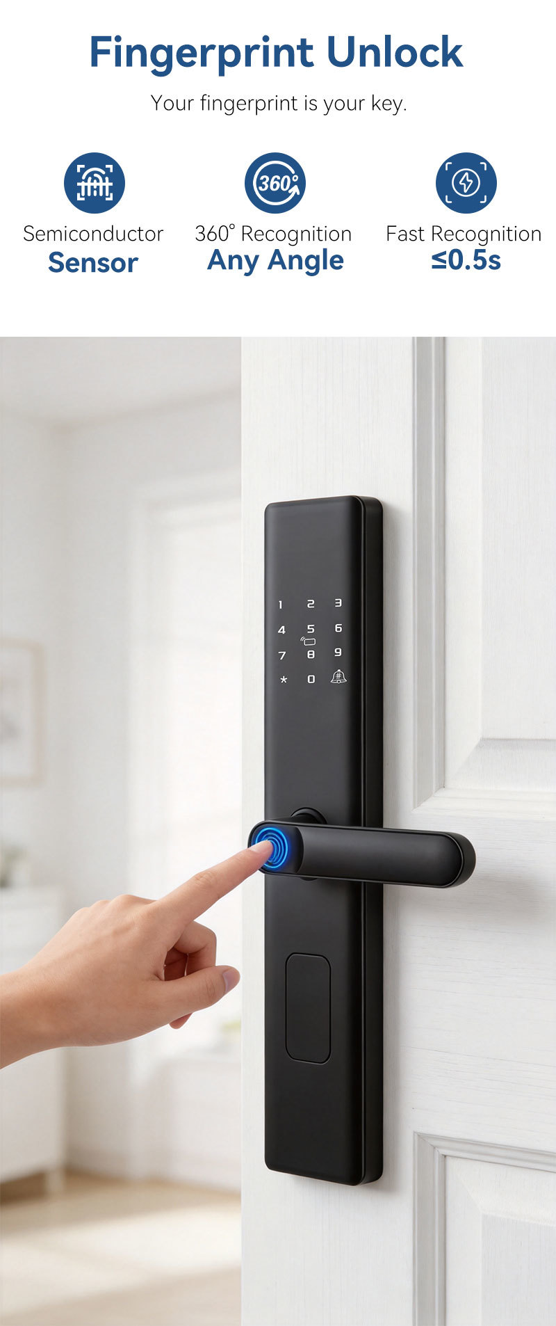 Qleung A19 Smart Door Lock with 6-in-1 Multi Unlock Ways, 0.5s Fast Semiconductor Fingerprint Sensor and Built-in Electronic Doorbell