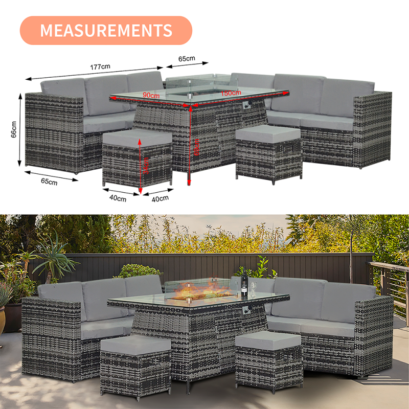 Leisure Outdoor Steel Tube Frame AJUNION Wicker Rattan Garden Set with Fire Pit Table
