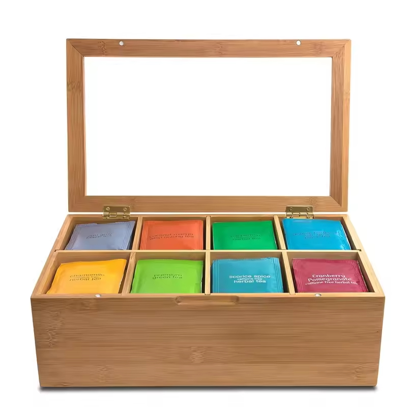 Dust Proof Acrylic Lid Bamboo Tea Bag Storage Box With Drawer Shelf for Kitchen Counter