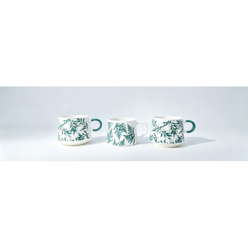 Green Botanical Leaf Print Chubby Ceramic Coffee Mugs, Contrast Handle Nature Themed Short Body Tea Cups