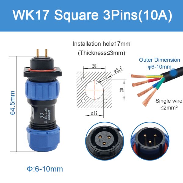 IP68 водоустойчивая продетая нитку соединяя серия Pin Sp17 квадрата кабельного соединителя Wk17