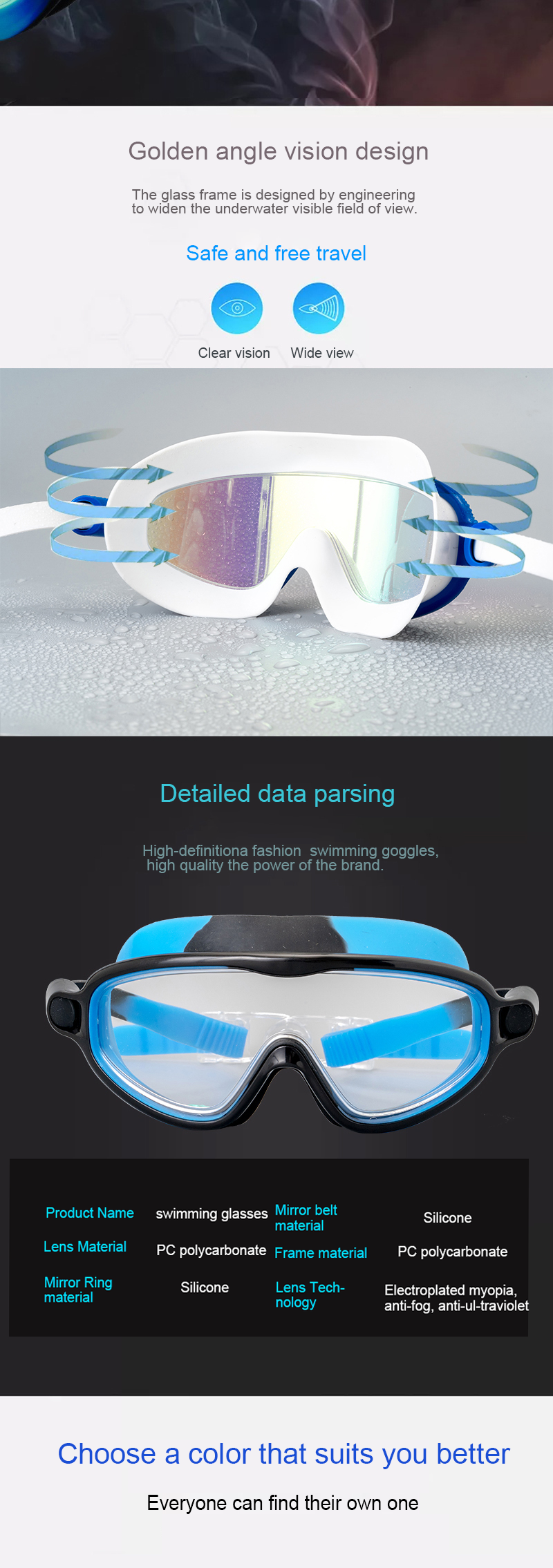 Wide View Children's Swimming Goggles HD Anti Fog Silicone Swimming Glasses 17*5*7cm