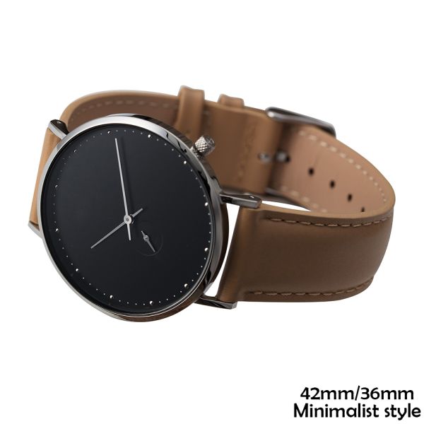 1L45 Quartz Movement Mens Rose Gold Leather Watch Black Face Mineral Crystal
