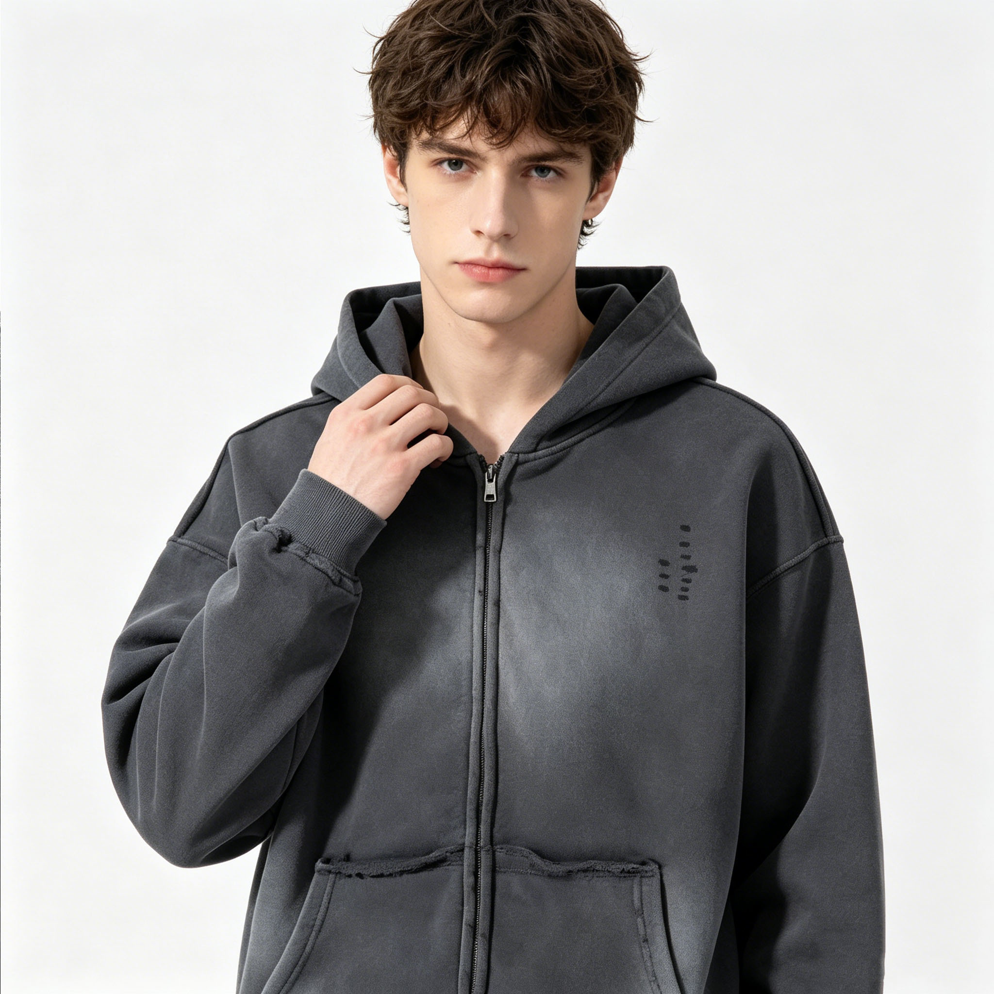 400g Stone Wash Hoodies Zip Up Fleece Lined Sweatshirt Custom Logo Oversized