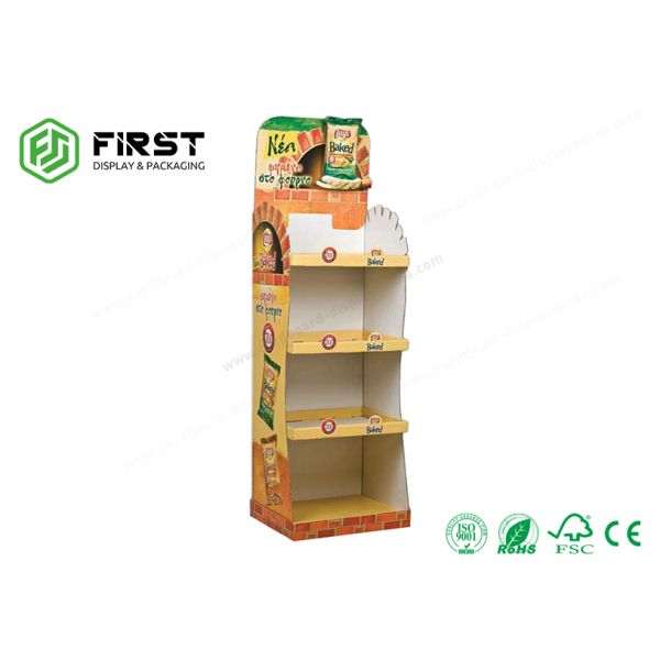 Full Color Printing Custom Recyclable Cardboard Floor Display Shelf For Potato Chips