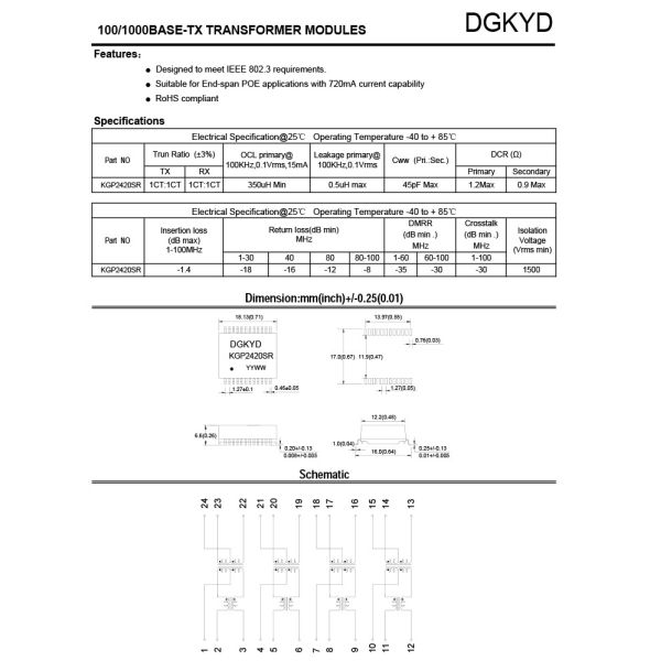 Трансформатор KGP2420SR 24PIN локальных сетей 1000BASE-TX 1000M