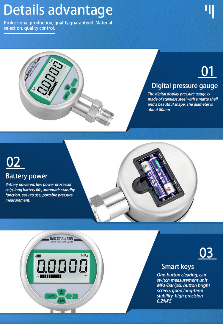 Two Size 7 Batteries 0.4%FS Stainless Steel Digital Pressure Gauge for Water Gas Liquid