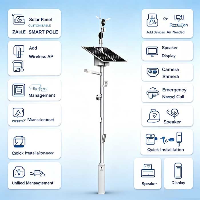 Outdoor Solar Smart Street Pole With Emergency Call Intercom, Security Camera & Smart LED Lighting
