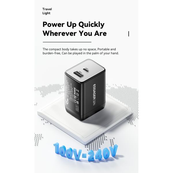 ESSAGER ES-CD40 Series PD GaN Charger QC4.0 QC3.0 QC2.0 Dual 2 Ports USB C 45W