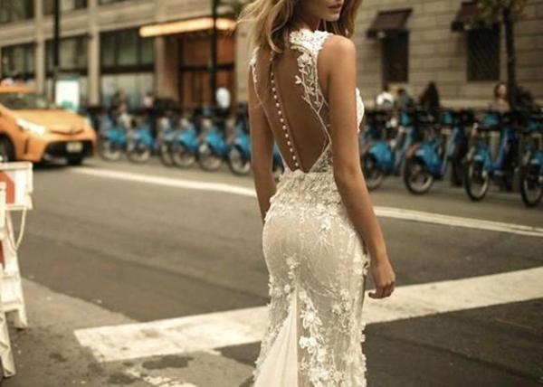 Mermaid Long Tail Prom Dresses , Floral Lace Wedding Gown Open Back Deep V Neck