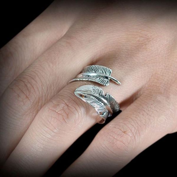 925 Silver Feather Ring Vintage Plume Adjustable Opening Band Ring (011231W)