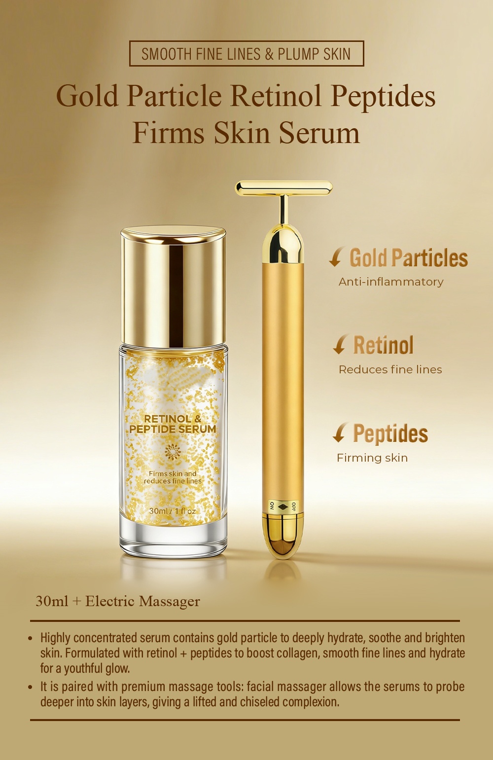 OEM ODM Brand Natural Facial Essence Gold Particle Retinol Peptide Anti-Wrinkle Firming Brightening Peptide Serum Skincare Product