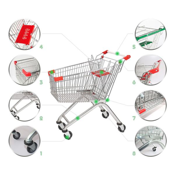 100L European Style Shopping Trolley with CE Certification Metal Supermarket Carts