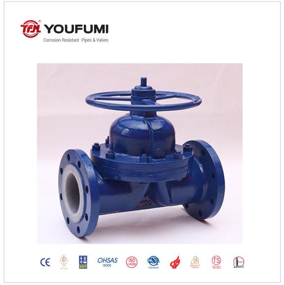 Manual BS Standard PTFE Lined Diaphragm Valve Weir Type Anticorrosion