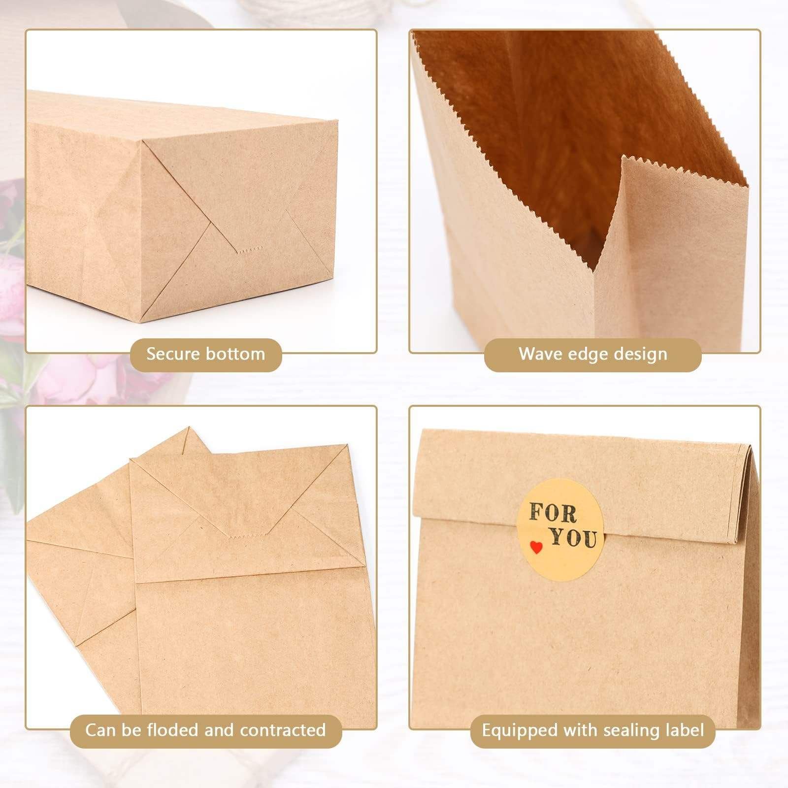 Custom Logo Printed Brown Kraft Food Gift Packaging Square Bottom Paper Bag Without Handle