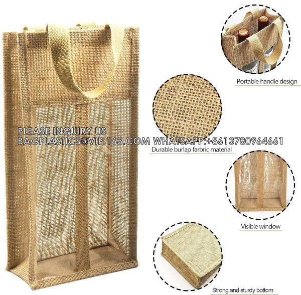 Burlap Wine Bottle Bag Jute Wine Tote Gift Bag With 2 Clear Window And Handle Wedding Birthday Festivals Souvenir