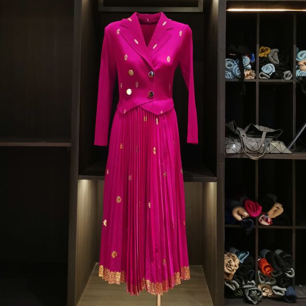 Elegant and Sophisticated Gold Stamping Ruched Midi Dress Autumn Slimming Flared Pleated Suit Collar for Parties