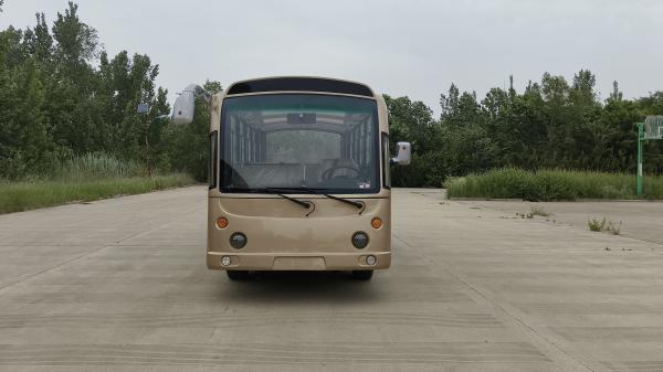 El autobús eléctrico de color marrón puede acomodar a 23 personas, el tipo de batería se puede seleccionar, el color y el LOGO se pueden personalizar, y tiene aire acondicionado incorporado
