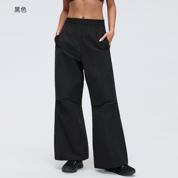 Navy Blue Elastic Waist Wide Leg Pants with Pockets for Women Casual and Athletic Wear