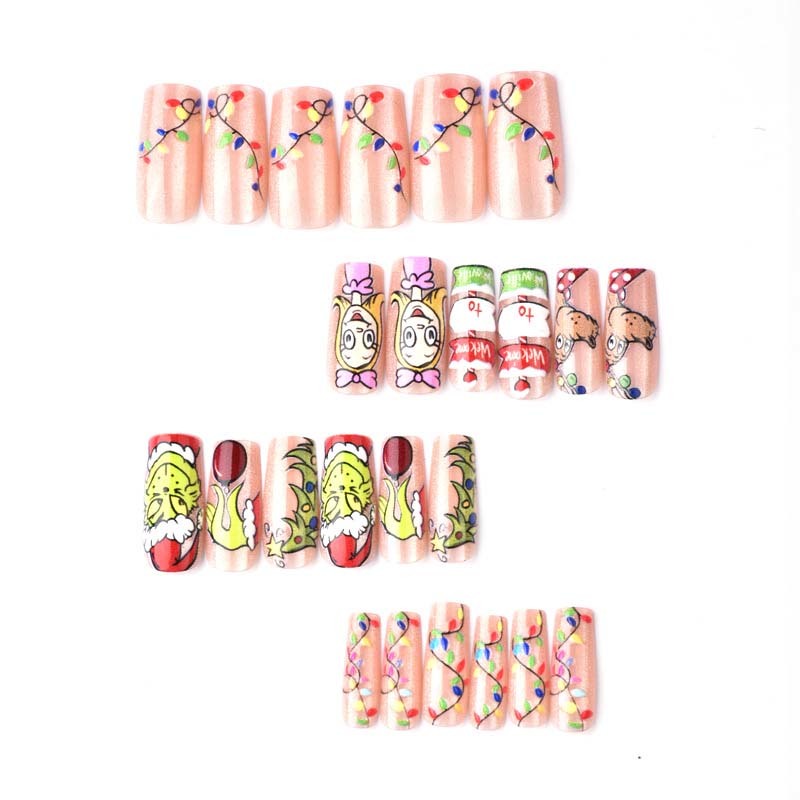 Wholesale Cartoon Grinch Christmas Holiday Fake Nails Short Square Pink Base