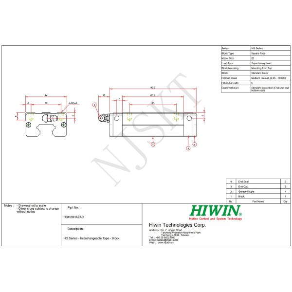 HIWIN HGH25CA Linear Guideway Block 25mm Linear Bearing For EDM