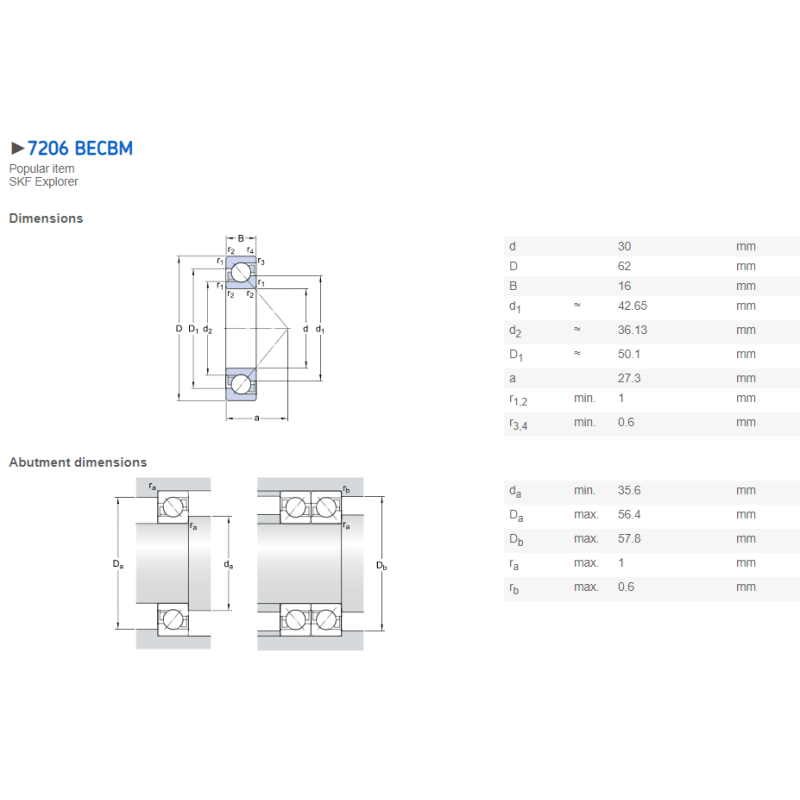 Single Row 7206 BECBM P4 DF Angular Contact Ball Bearing ID 30mm OD 62mm