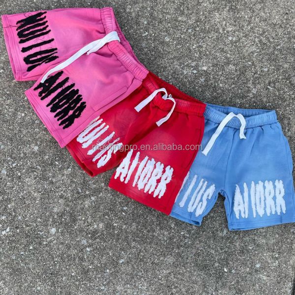 Red Running Acid Wash Distressed Shorts Set Vintage Style Sun Fade Sweat Shorts Embroidered Logo