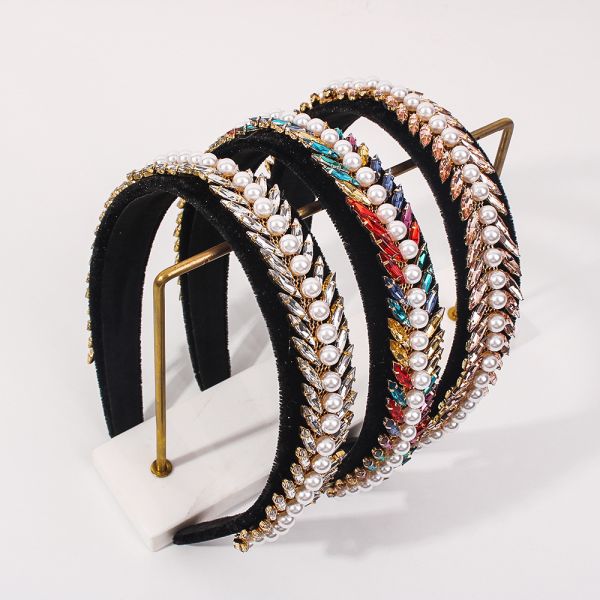 Flannel pearl crystal wide rim headbands Baroque double drain bit hoop headpiece Yiwu accessories