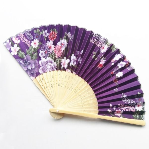 Custom Personalized 21cm Japanese Satin Fabric Bamboo Gold Flower Hand Folding Fan for Promotion Gift